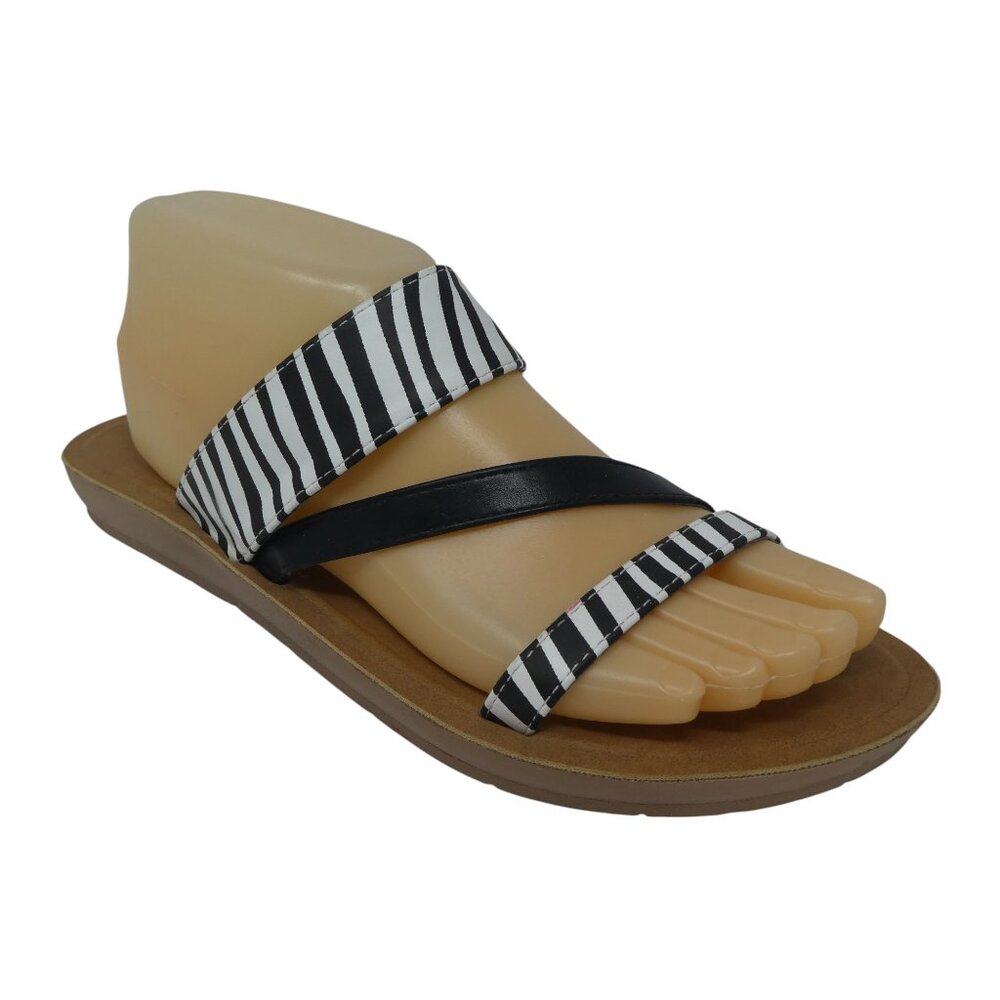 Muk Luks Dahlia Black‎ White Striped Open Toe Strappy Slide Sandals Womens 9
